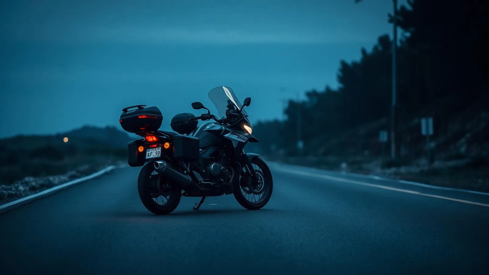 A large motorcycle parked on a road at dusk