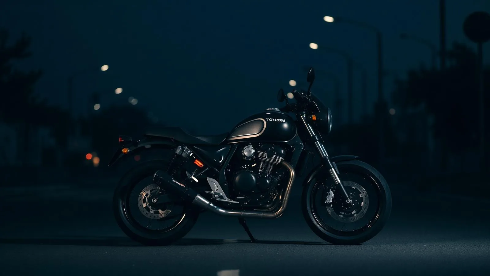 A mid-size motorcycle on a city street at dusk