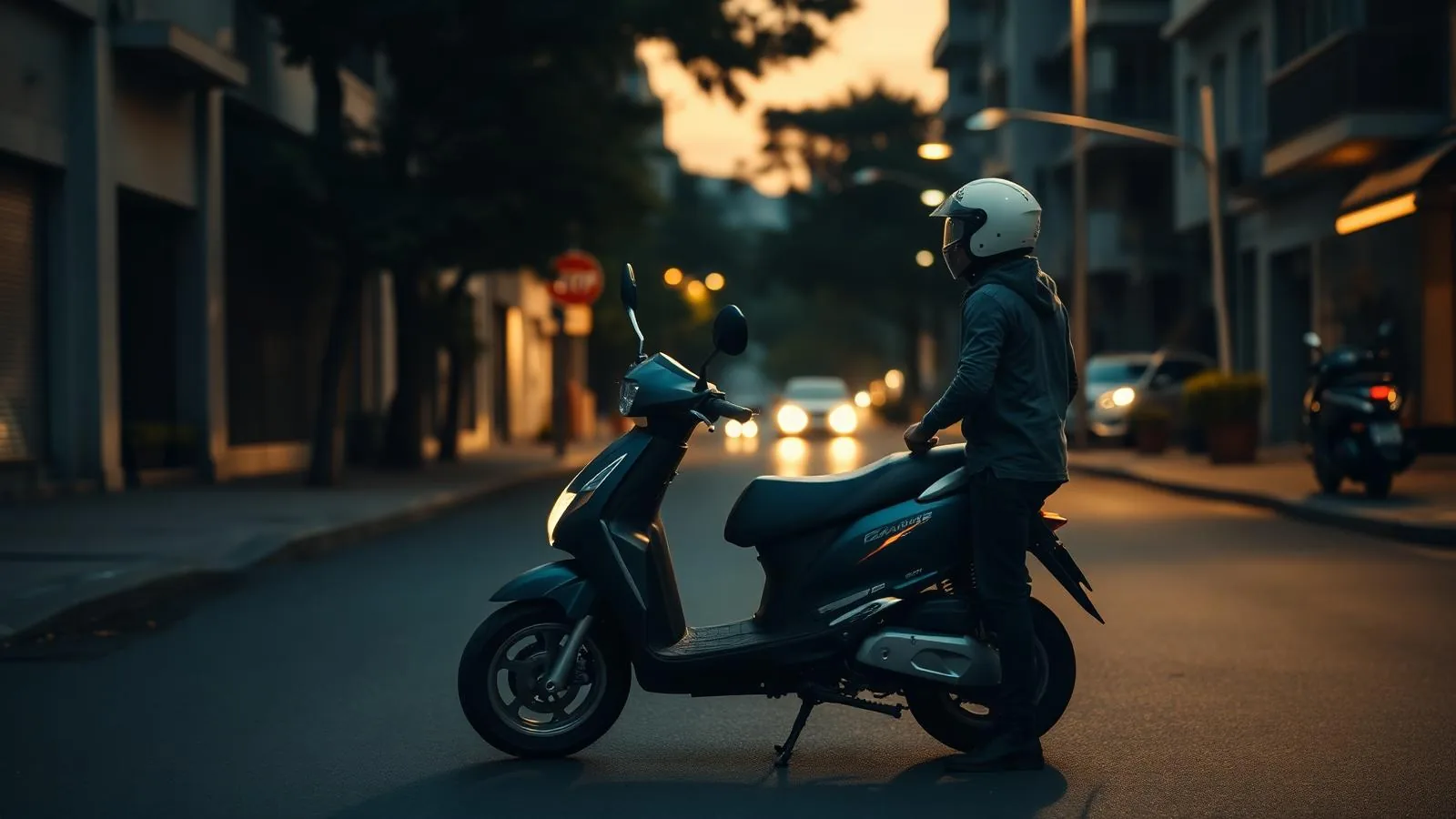 A 50cc moped on a city street at dusk