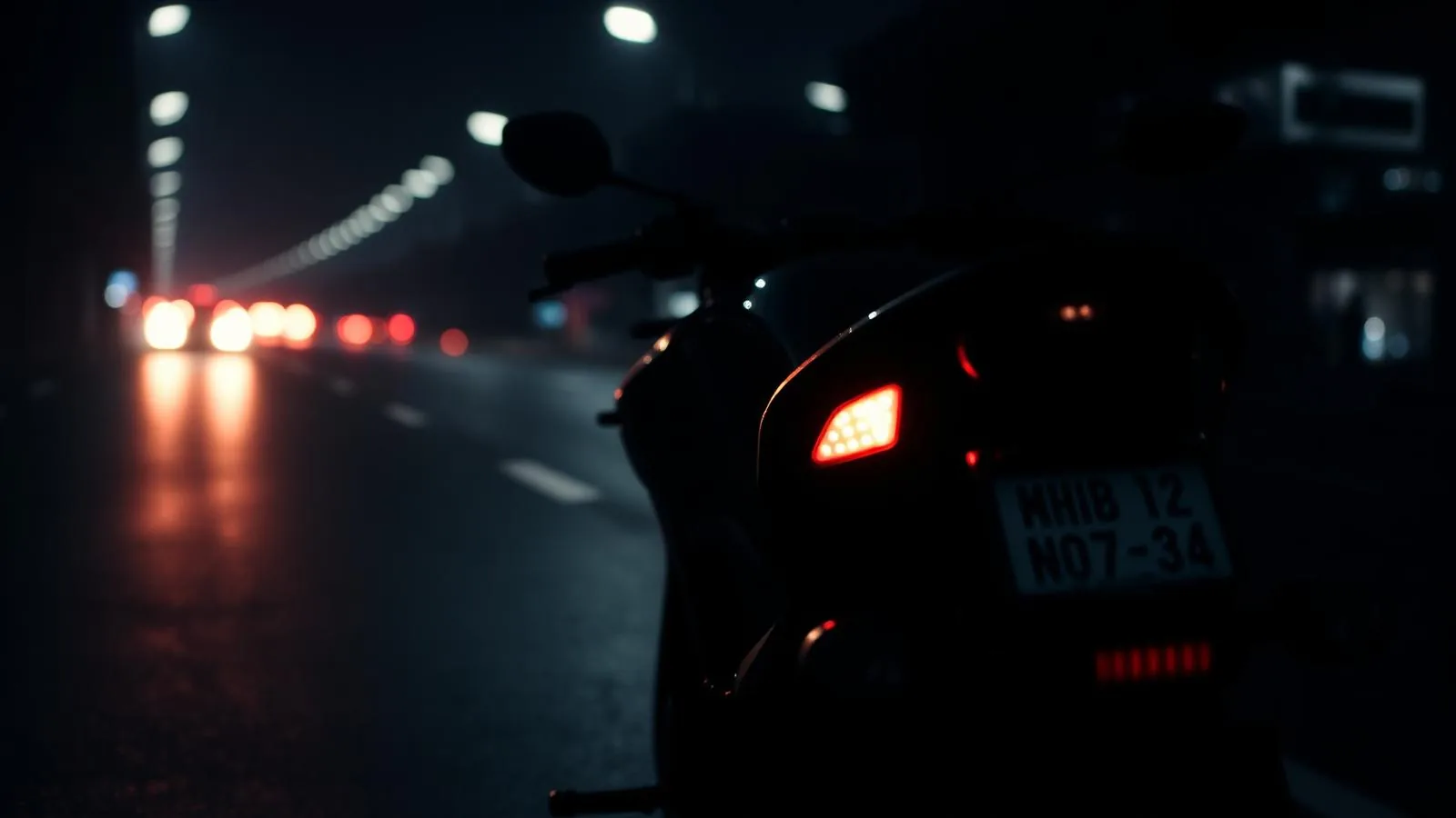 Motorcycle riding through city streets at night